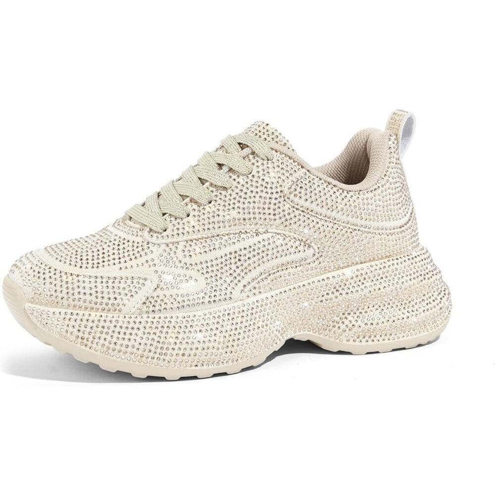 Lucky Step Women's Beige Fashion Platform Sparkly Rhinestone Chunky Sneakers